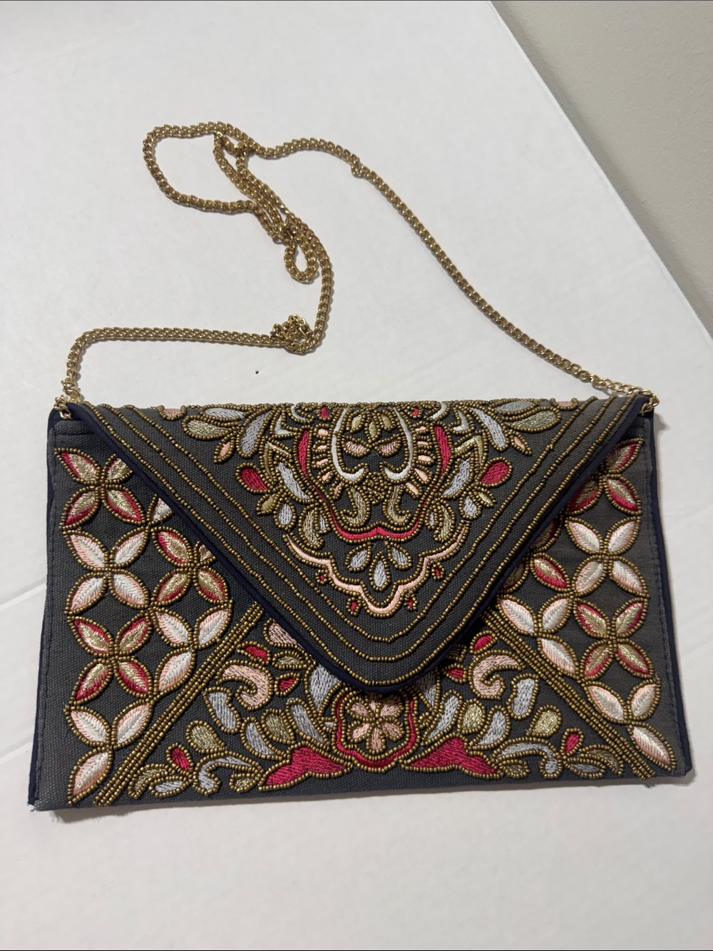 Francesca’s Beaded Envelope Chain Crossbody Bag - Black with Red & Cream Accents